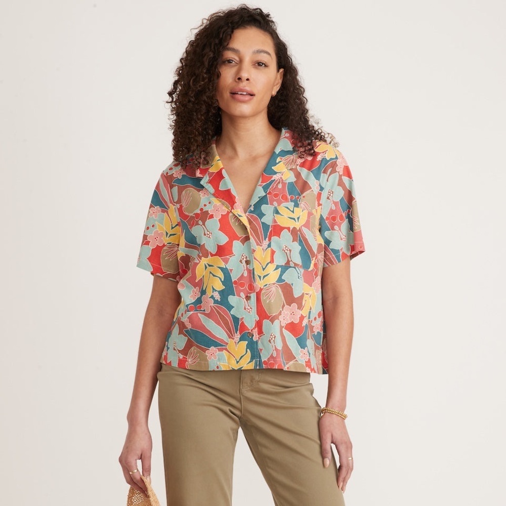 Marine Layer Lucy Resort Shirt Hibiscus Floral Boxy Button Down Colorful Print